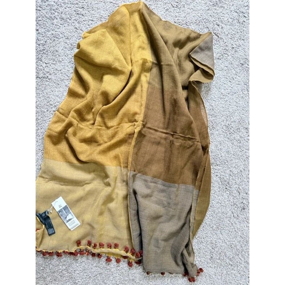 Eileen Fisher 100% Wool Colorblock Tassel Scarf Wrap - Mustard Olive Brown